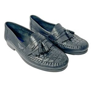 Giorgio Weave 9.5 D Mens Black Leather Woven Tassel Slip On Loafers